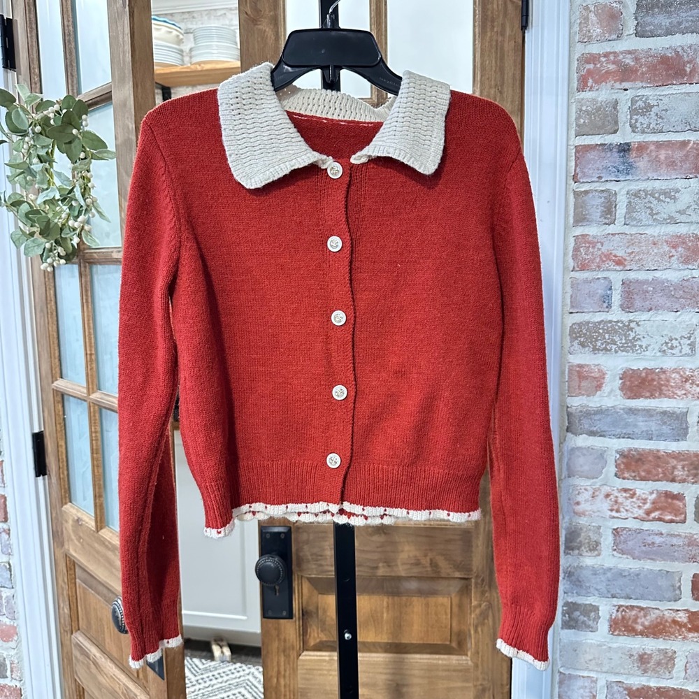 Cider Sweater Women Rust Contrast Collar Rose Button Cottagecore Retro Girly S